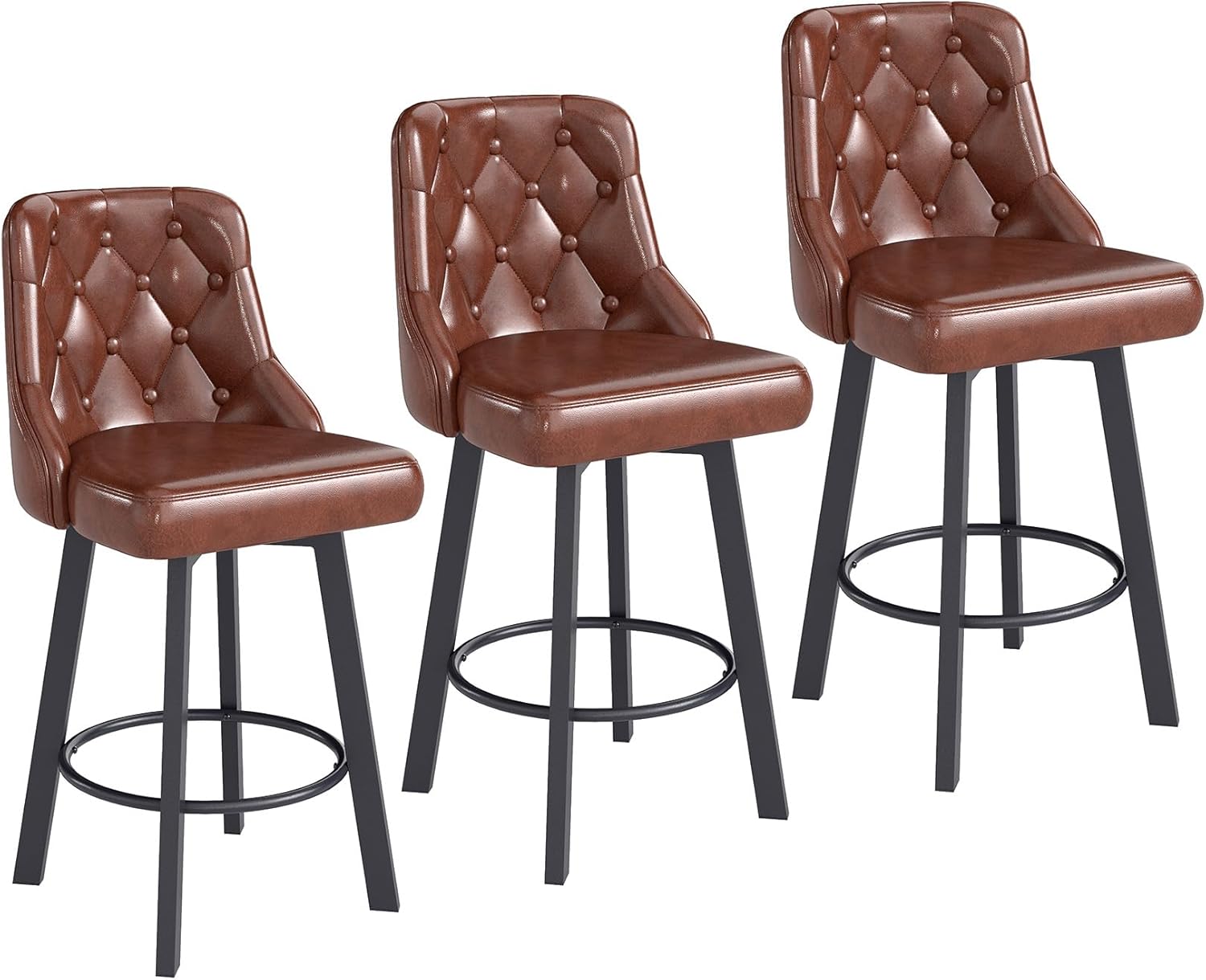 Youhauchair Bar Stools Set of 3, 26" Tufted Modern Counter Height Barstools with Back & Footrest & Metal Leg, Faux Leather Upholstered Bar Chair for Kitchen Island, Dining Room, Pub, Cafe, Brown
