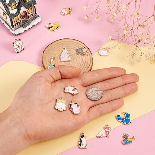 Miniatura 2 de Beadthoven - 58 dijes de 14 estilos esmaltados de animales lindos colgantes de papel de origami, búho, conejo, perro, cisne, oso, varios dijes para