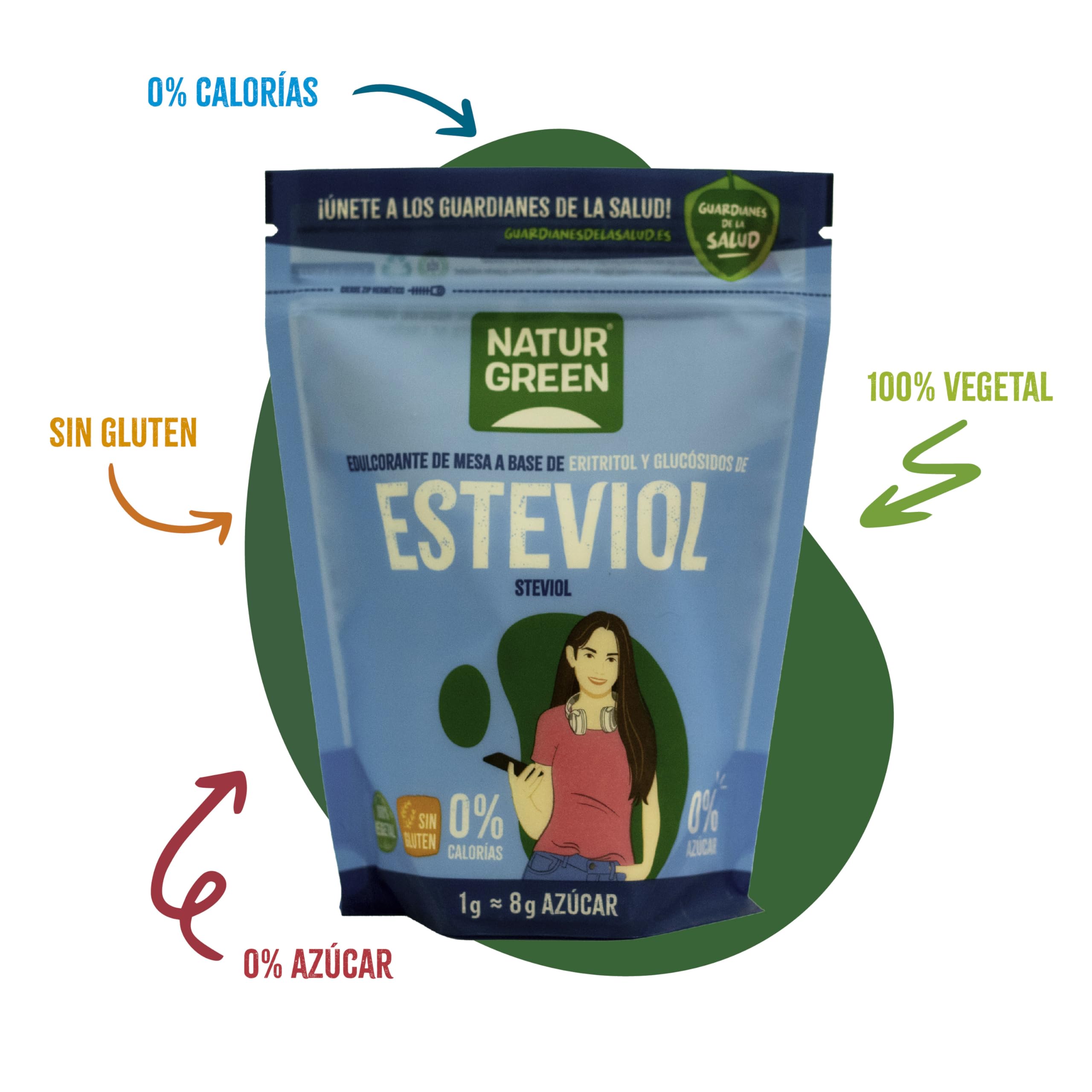 NaturGreen - Steviol, Edulcorante Natural, con Base de Eritritol, Sustitutivo del Azúcar, Orgánico, 100% Vegetal, Bajo Índice Glucémico