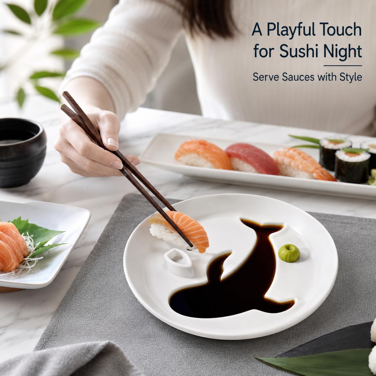 Lot de 10 plats à sauce soja en céramique blanche en forme de baleine, 15 cm pour huile d'olive, vinaigre