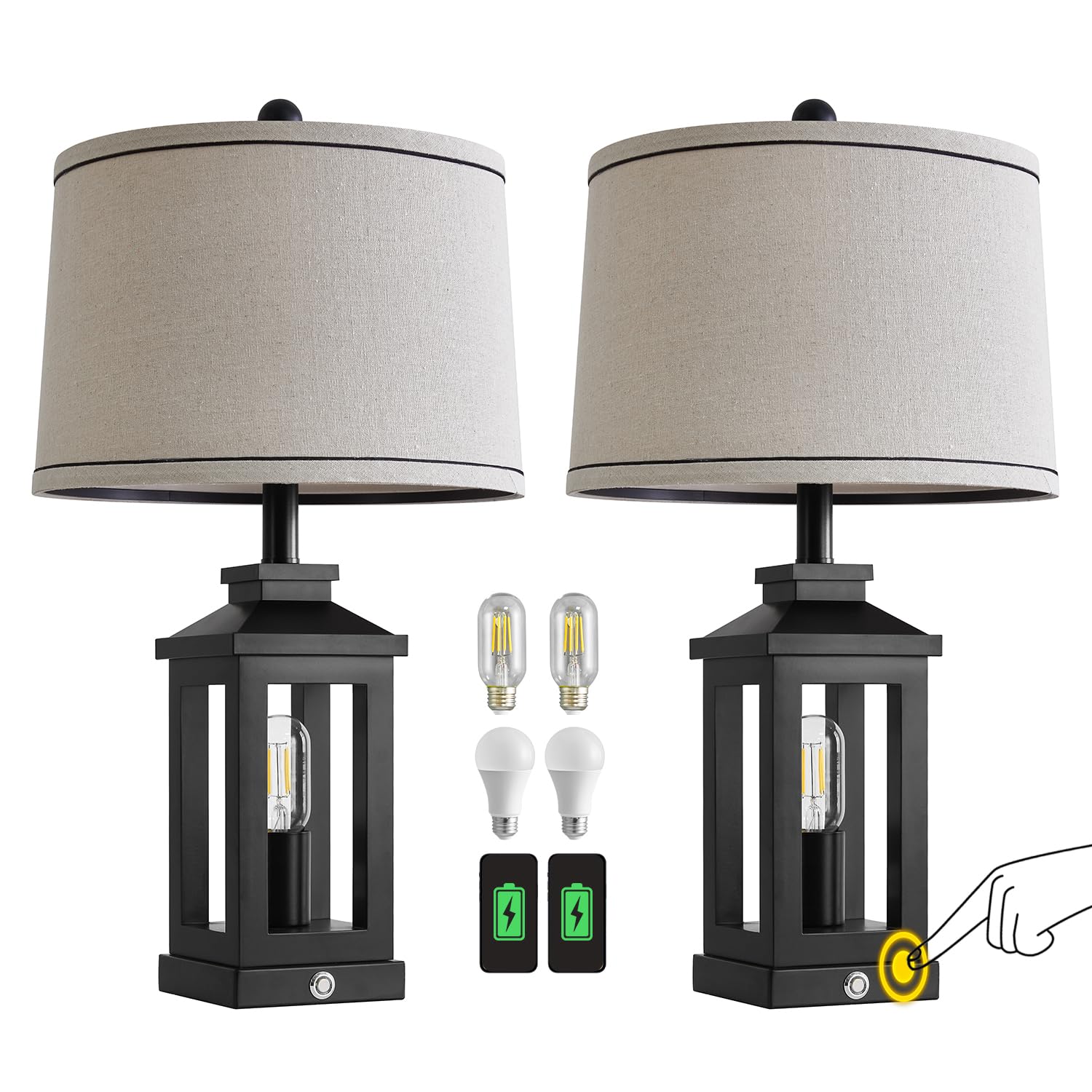 G-SAFAVA 23.75" Retro Farmhouse Black Table Lamp for Living Room Bedroom Nightstand Set of 2 Touch Control Bedside Nightlight Vintage Modern Lamp with USB C+A Ports and 2 Light Sources: Metal Silver