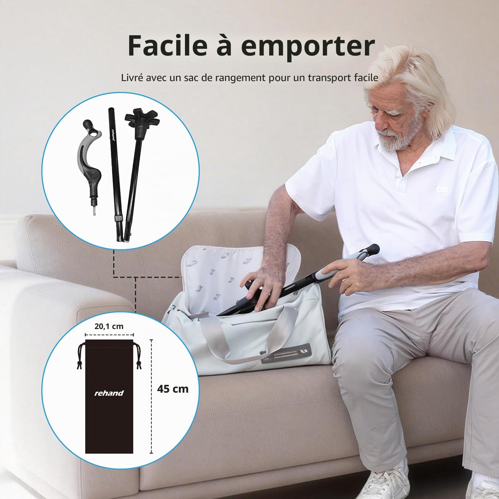 REHAND Canne de Marche Réglable pour Seniors et Adultes – Poignée Ergonomique Antidérapante, 10 Réglages de Hauteur (101–124 cm), Supporte Jusqu’à 159 kg