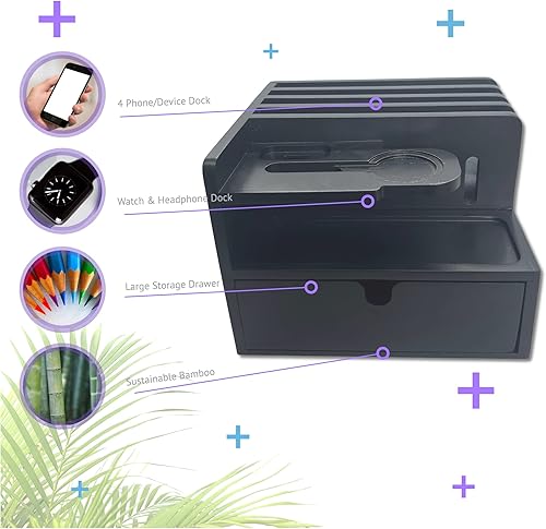 Miniatura 4 de Organizador de estación de carga de bambú negro para múltiples dispositivos, estación de carga de escritorio, estación de acoplamiento de madera,