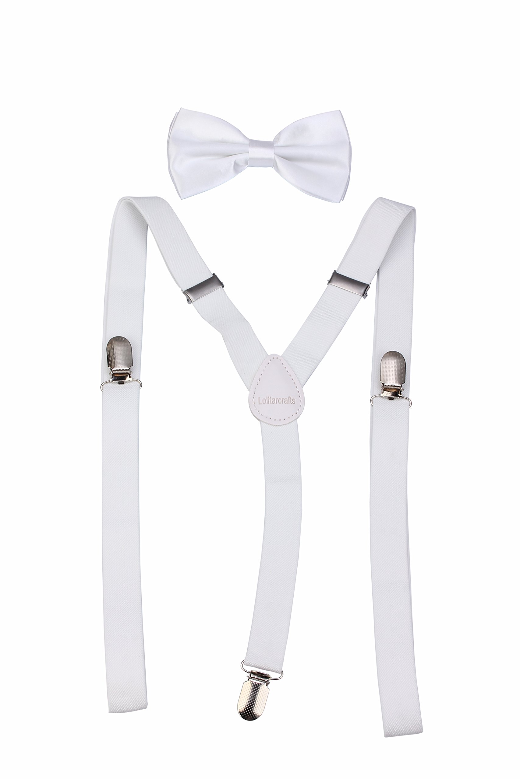 Men's Classic Solid Suspenders Matching Bow Tie Set Braces (White)