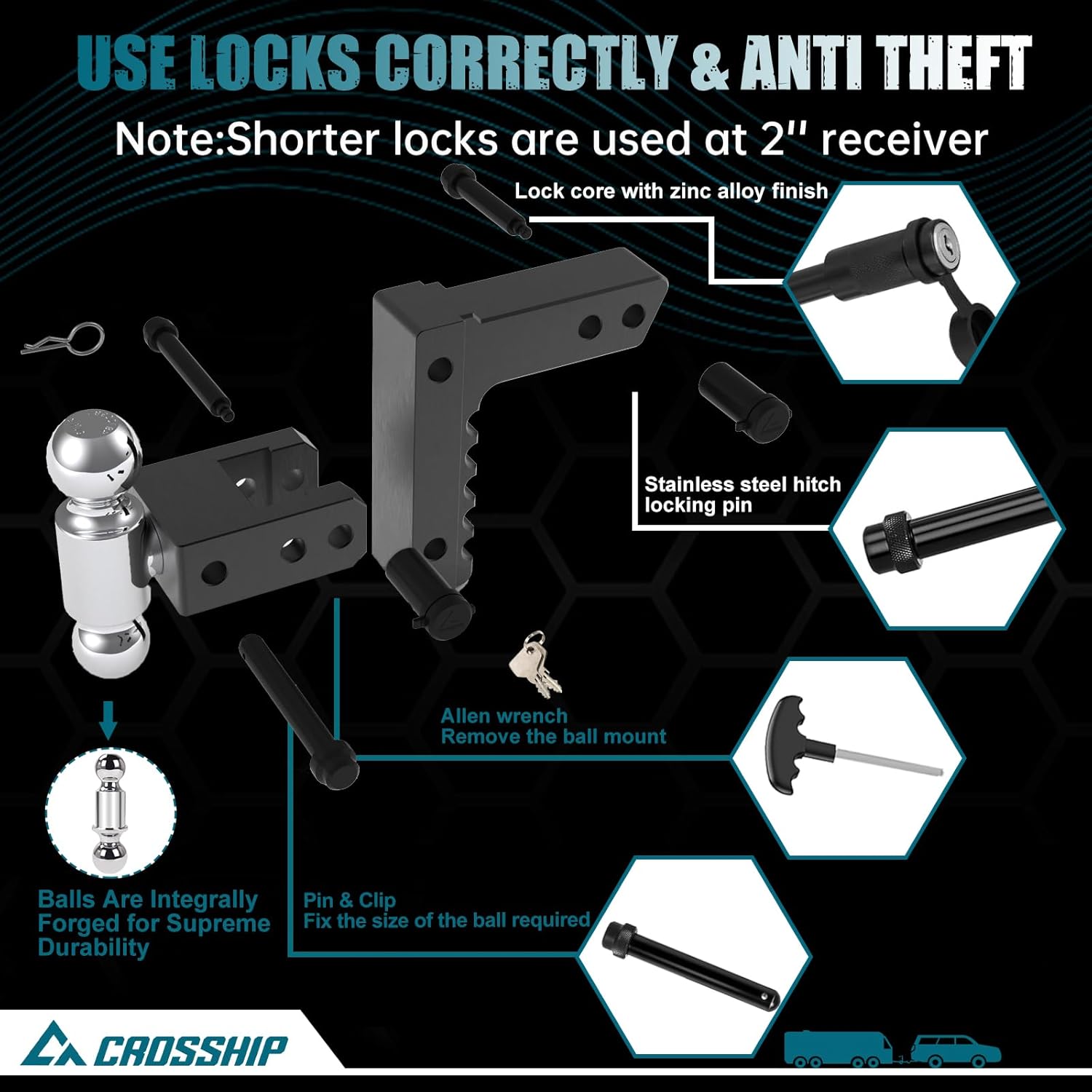 Adjustable Trailer Hitch - Heavy Duty Aluminum Drop Hitch + Hitch Tightener for 1.25" and 2"