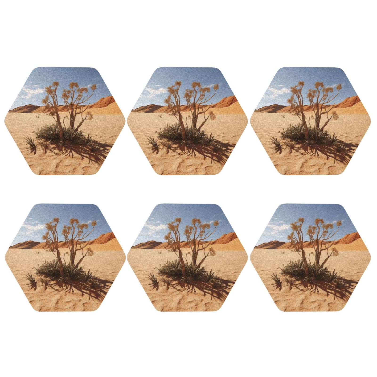 6pcs Leather Coasters for Drinks, Desert Plant Drink Coasters for Tabletop Protection, 4" Cup Coasters for Coffee Table Decor, Non-Slip Drinking Cup Mat for Hot Or Cold Drink