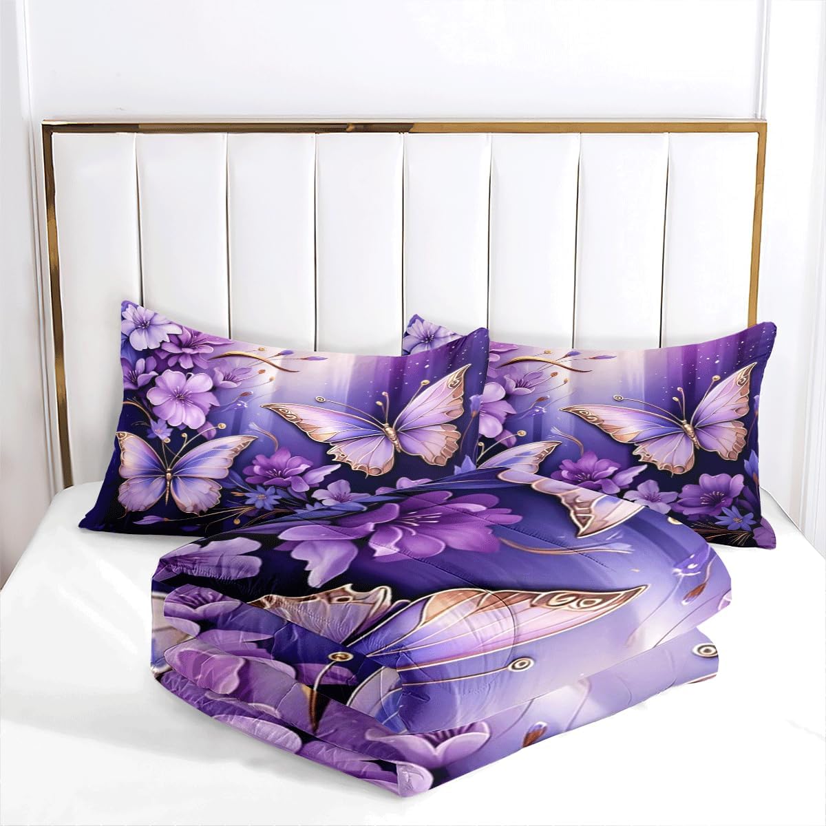 Queen Purple Butterfly Comforter Sets for Girl Kids,Girls Butterflies Quilt Bedding Sets Cotton,Includ 1 Comforter and 2 Pillow Shams- 90x90 inches