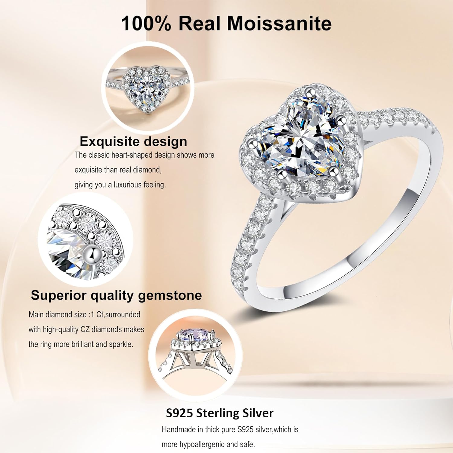 Sterling Silver Moissanite Wedding Band for Women, S925 Heart Shaped Promise Ring for Women,Lab Created Diamond Wedding Jewelry, Stackable Anniversary Engagement Ring