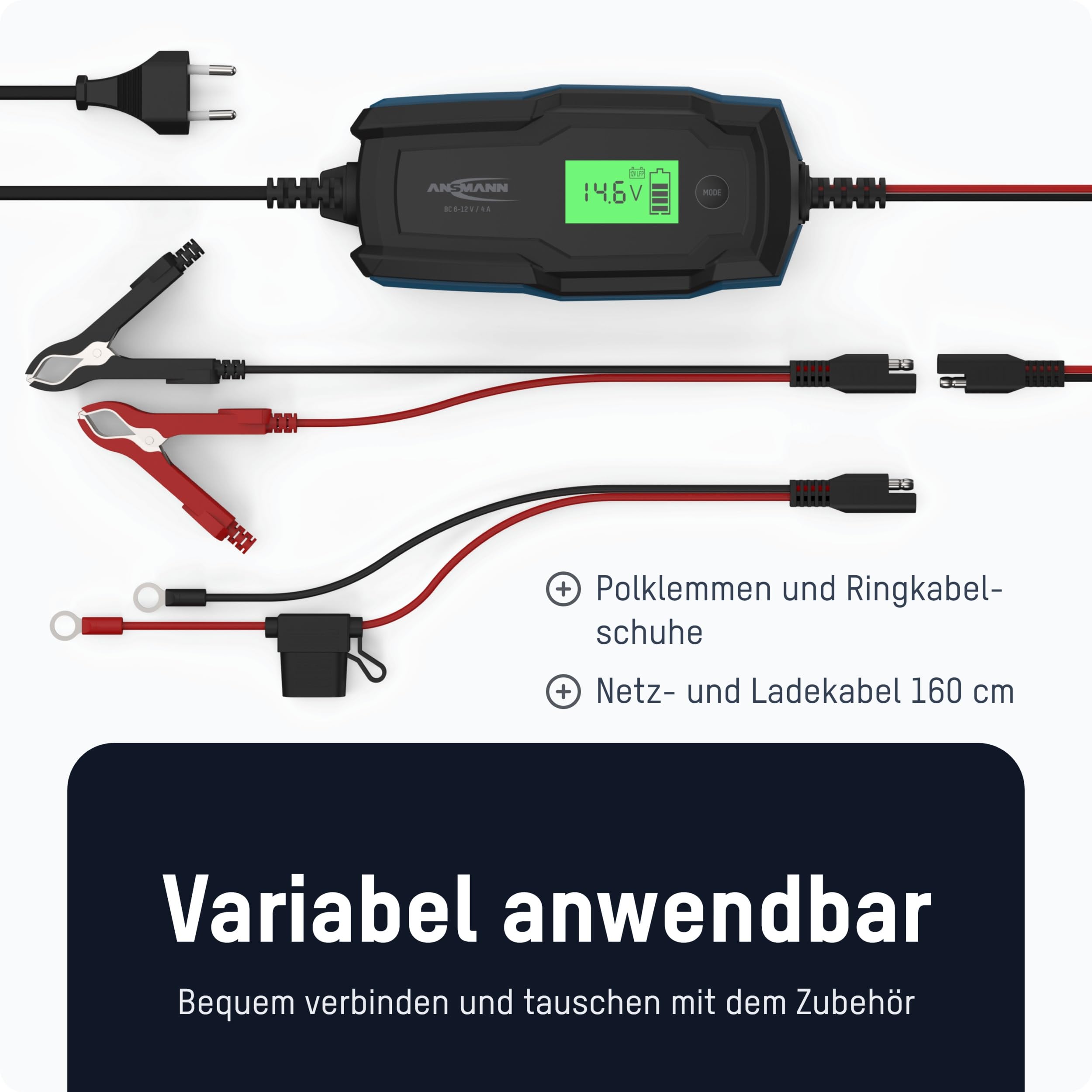 ANSMANN Inteligentna 10-stopniowa ładowarka 6 V 12 V/4 A z wyświetlaczem LCD do akumulatorów ołowiowo-kwasowych, ołowiowo-żelowych i ołowiowo-włóknowych, oraz 12 V LiFePo4 do samochodu, motocykla i