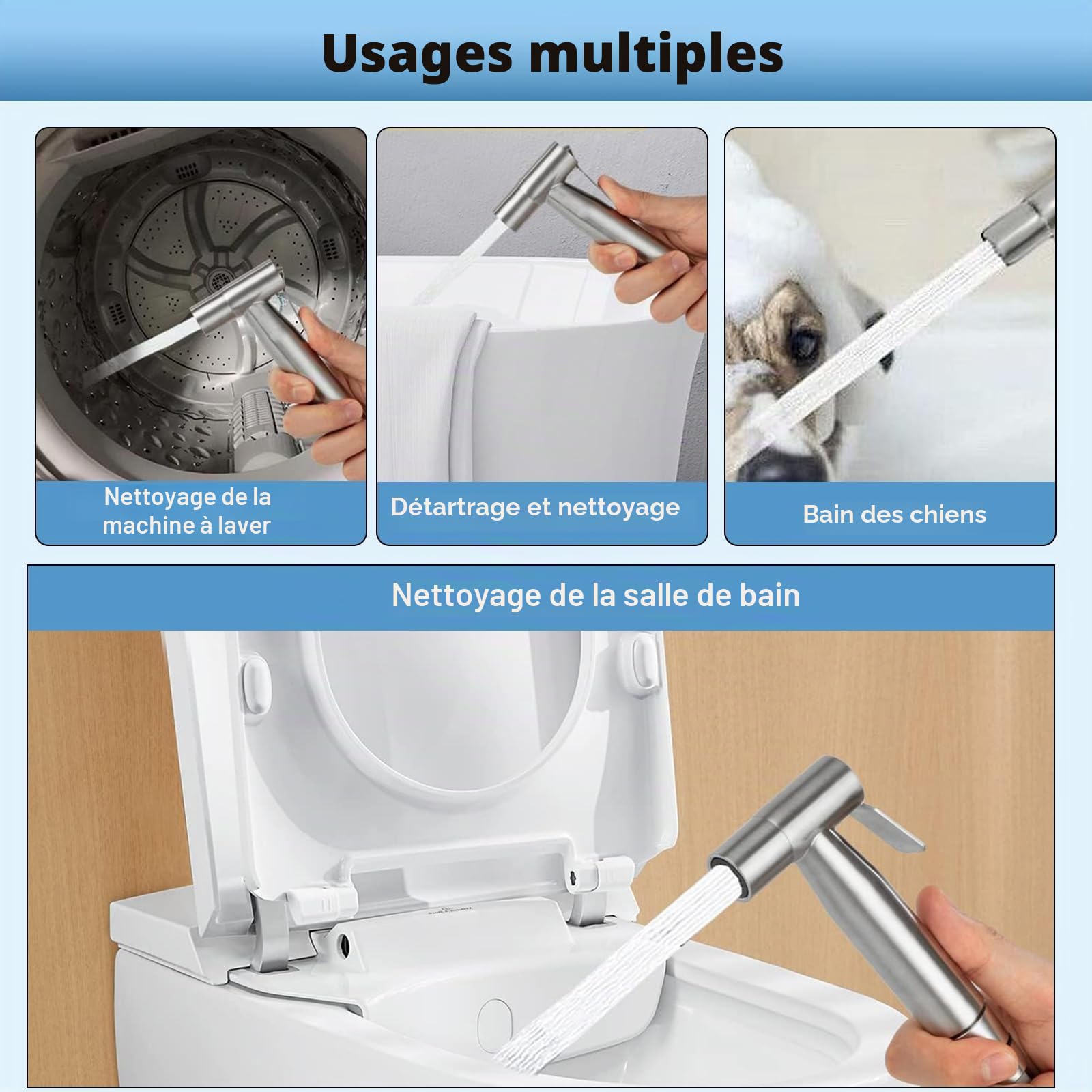 Kit de douchette pour bidet - En acier inoxydable brossé - Avec distributeur de robinet, tuyau à ressort de 59 pouces et toilettes à crochet pour hygiène personnelle et nettoyage des couches