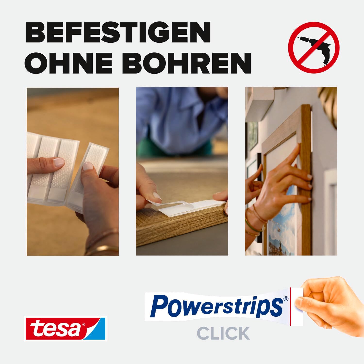tesa Powerstrips Click - Velcro Adhesive Pads for Clicking on and Off Picture Frames and Wall Decorations No Drilling - Self-Adhesive Velcro Strips with On and Off Click System - Small - 16 x 2 Pieces