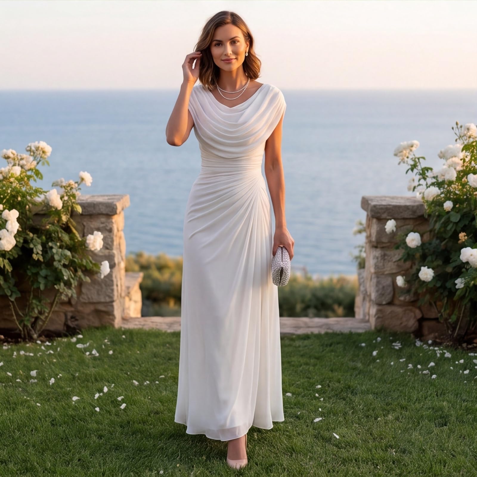 Abendkleider Elegant Für Hochzeit Tüll Ballkleider Damen Lang A-Linie Kleid Hochzeitsgast Cocktail Festliche Kleider Schlitz Plissee Abschlusskleid Wasserfallausschnitt Brautkleid Maxi Rückenfrei