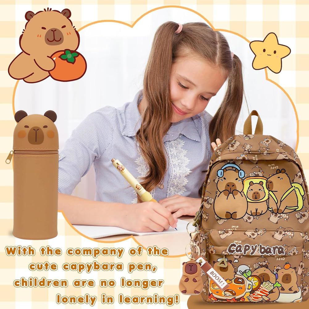 Capybara Backpack Kids, Mochila Capybara Escolar Schoolbag Gran Capacidad Capibara Boligrafos Borrable de Animales,Capibara Estuche De Silicona Suave & Llaveros Portalápices Regalo para Niños