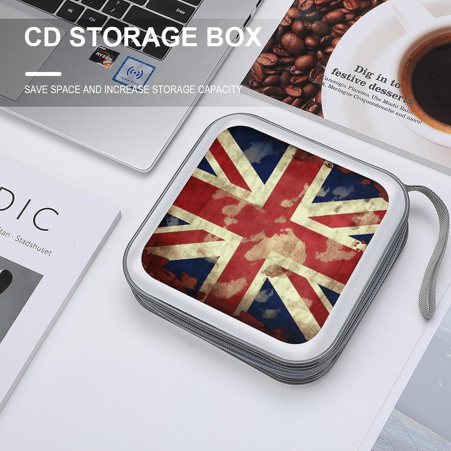 Vintage Union Jack British Flag CD Case 40 Capacity Hard Plastic DVD Case Portable Zipper CD Case Holder Disc Cases Storage Binder Large Storage Disc Wallet Bag for Car Home Office Travel