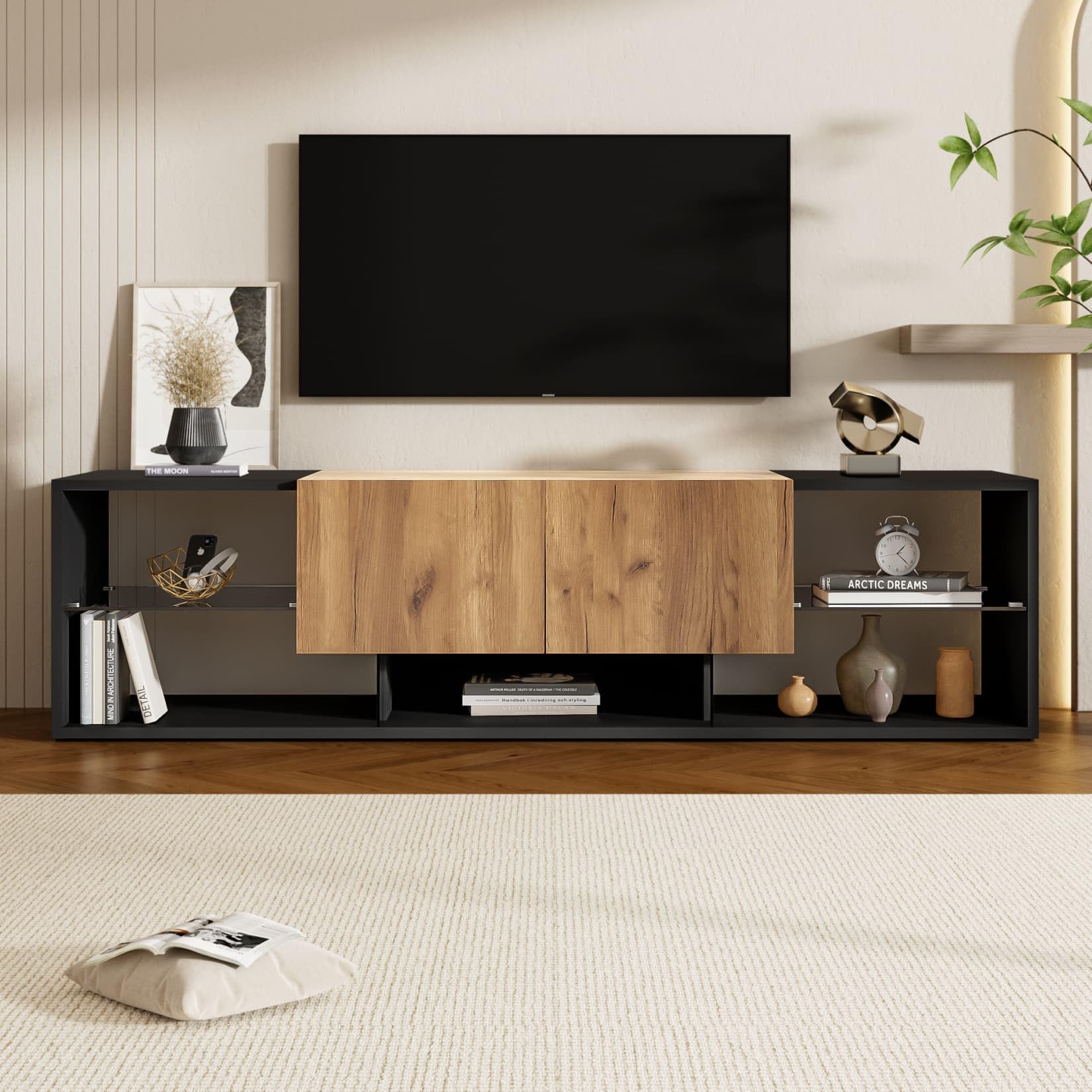 Meuble TV 160x40x42cm,Meuble Tele avec éclairage LED Réglable,2 Grands Tiroirs,Étagères en Verre,pour Téléviseurs D'environ 70 Pouces (A-Noir, A)
