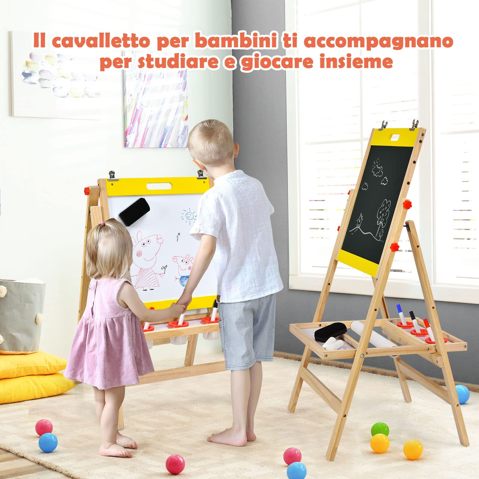 COSTWAY 3 in 1 Lavagna Magnetica per Bambini, Cavalletto da Pittura Pieghevole con Accessori, Altezza Regolabile e Bifacciale, con Vassoio, 50,5x53,5x79-104cm (Giallo)