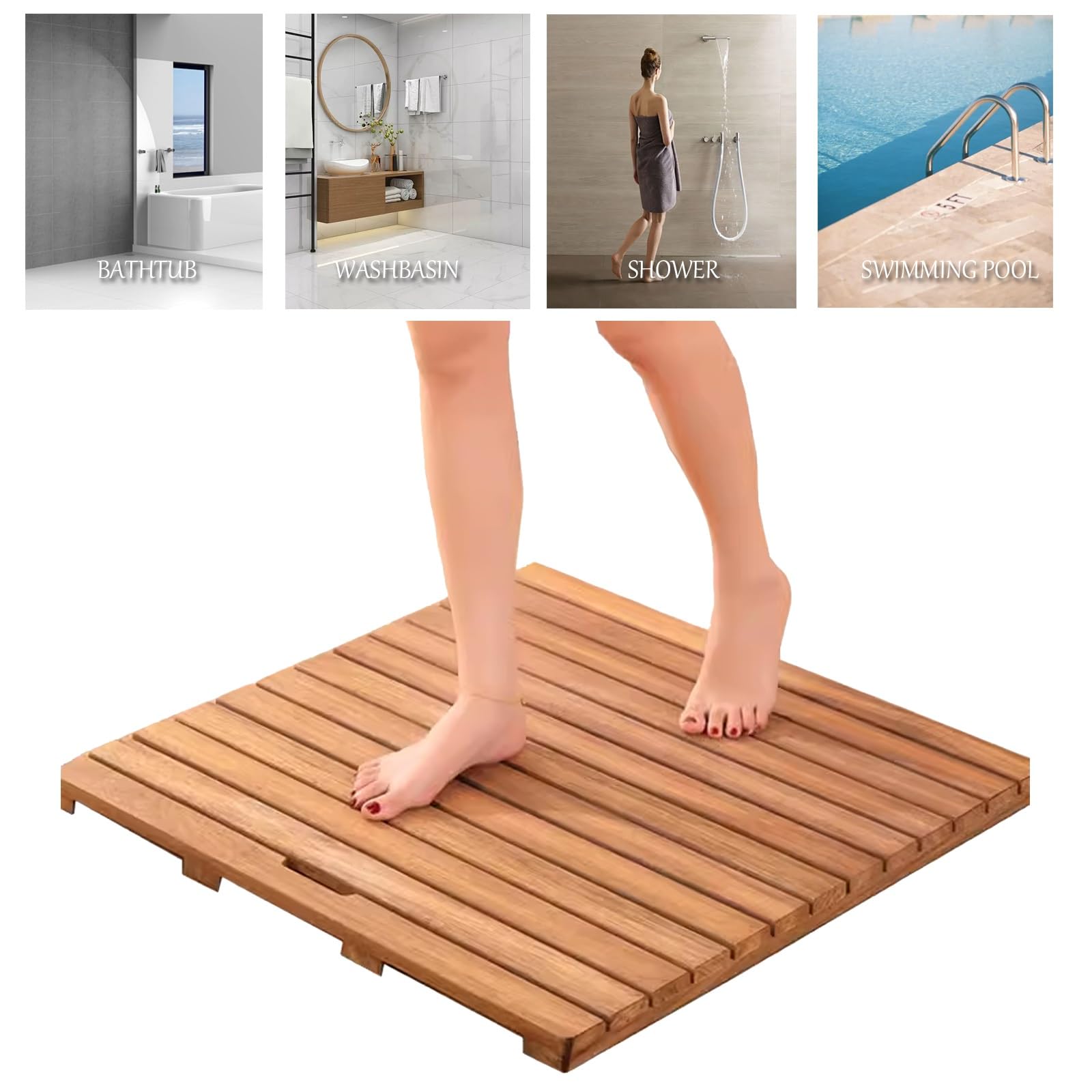 Rutschfeste Holz-Badematte für Dusche und Badezimmer, robuste Dusch- und Badewannenmatte für drinnen und draußen, (B 85 x L 100 cm)