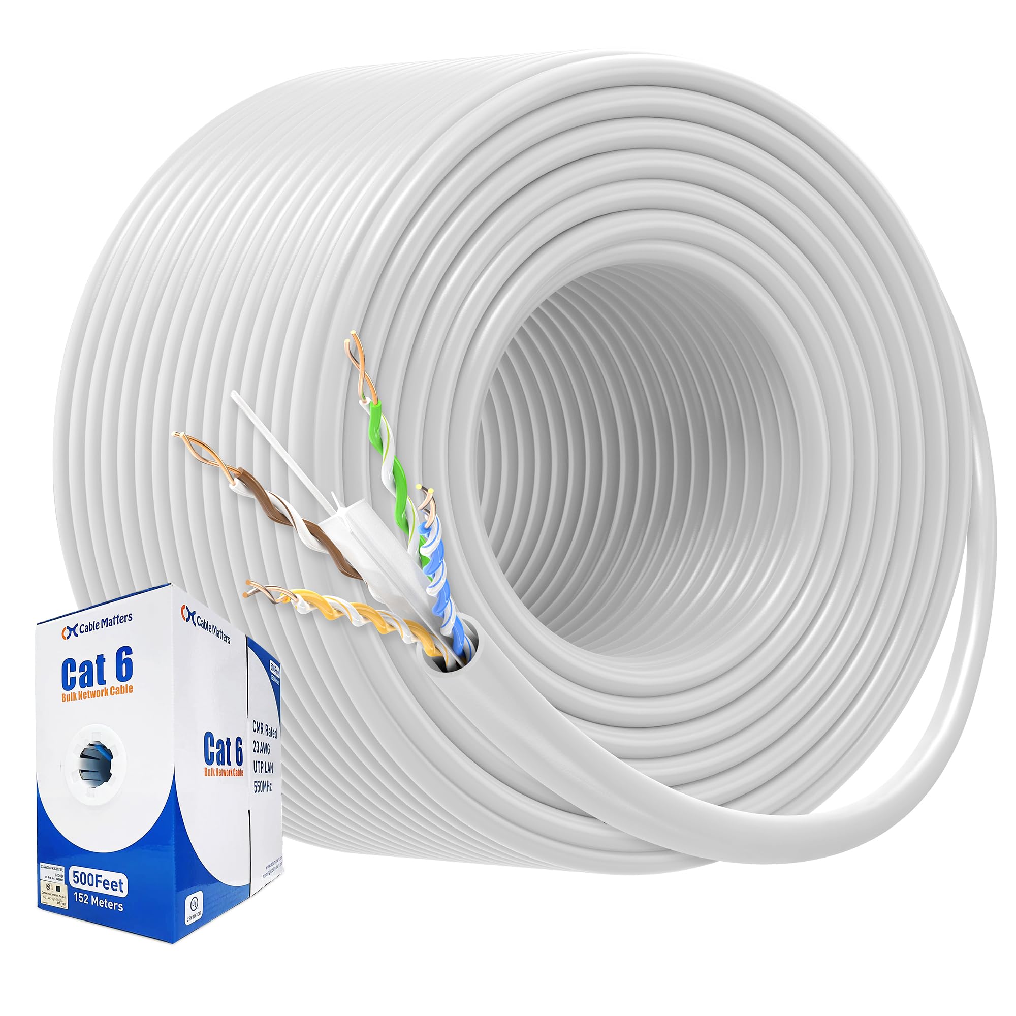 Cable Matters Cavo Cat 6 da 10 Gbps, 23 AWG, 152,4 m, bianco | CM a parete, rame nudo, U/UTP, cavo Ethernet Bulk Cat6