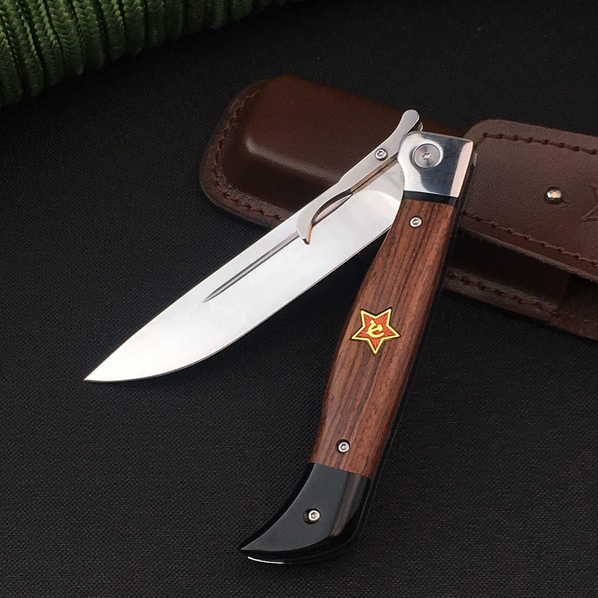Manual Open Folding Pocket Knife with Leather Sheath, 440C Steel Mirror