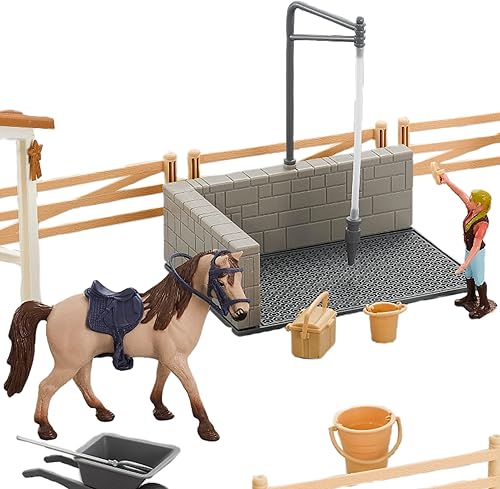 Miniatura 8 de Peagprav Set de juego de figura de establo de caballos, club de caballos con jinete, área de lavado de caballos, figuras de cerca, juguetes de