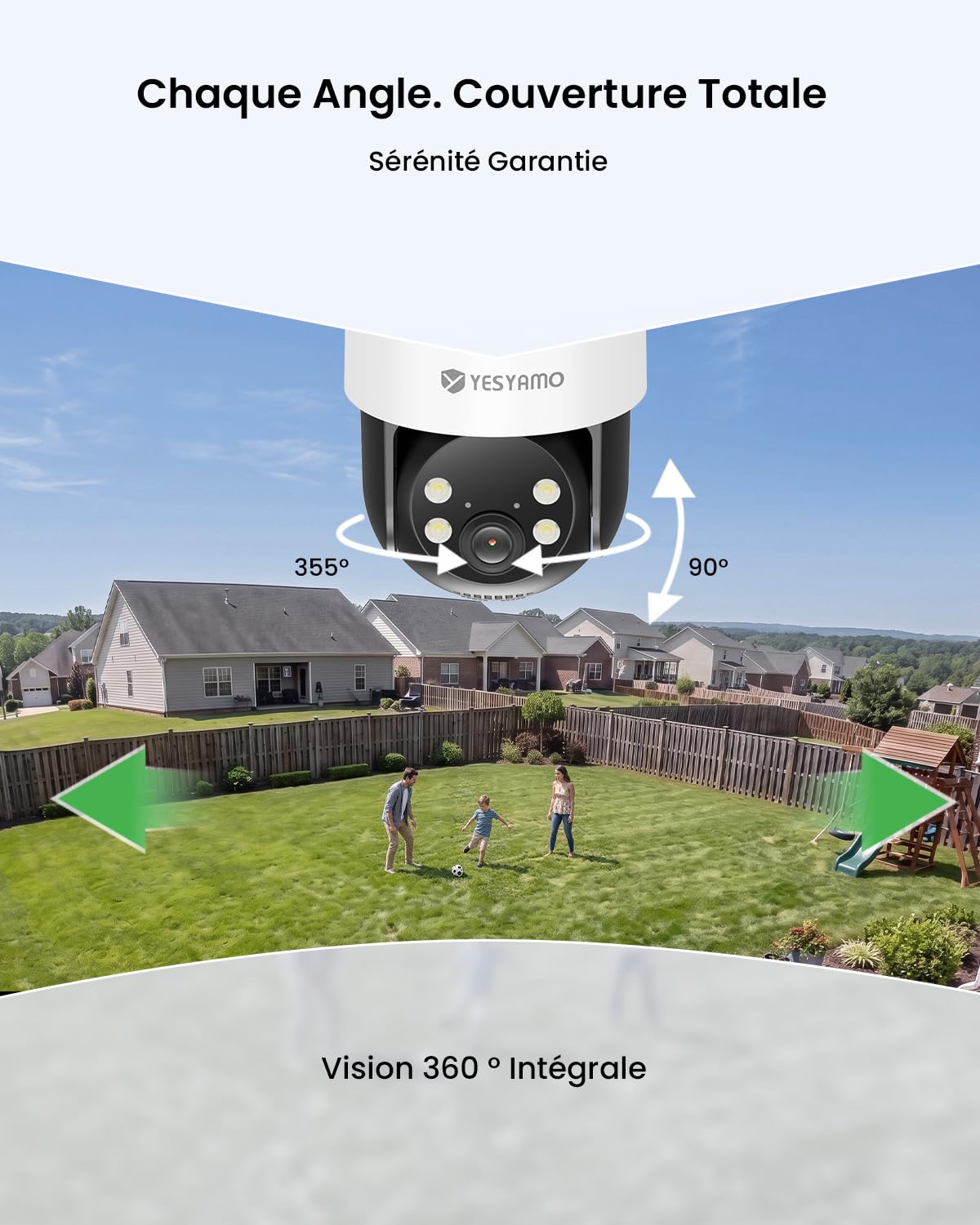 YESYAMO 4MP AOV Camera Surveillance WiFi Exterieure sans Fil Suivi Auto | Enregistrement Continu 24/7, Détection IA 30m, Solaire 9W, Batterie 9000mAh, PTZ 355°/90°, Alarme Son/Lumière, 2,4GHz, IP65
