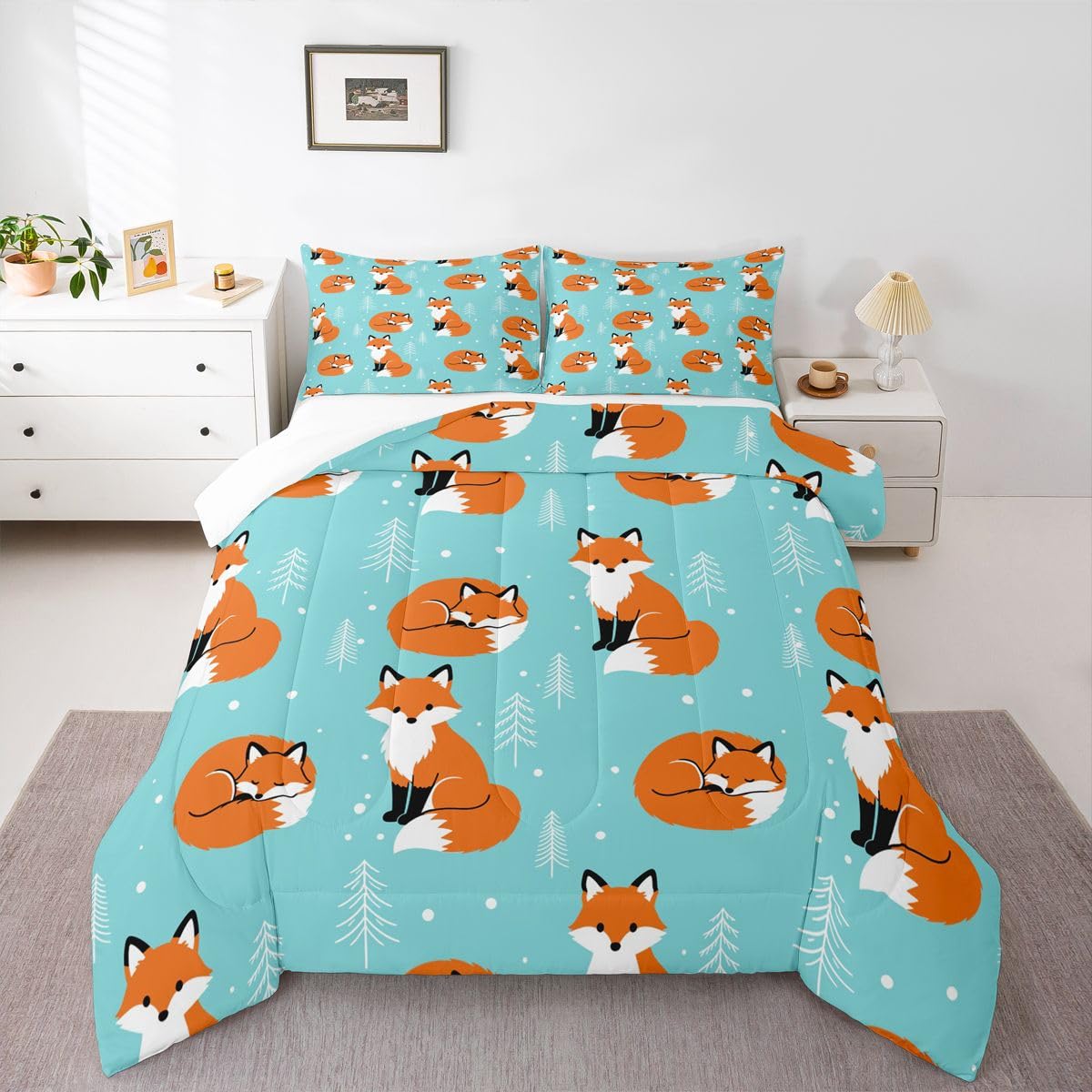Feelyou Kinder-Tröster King-Size-Cartoon-Fuchs-Bettwäsche-Set für Jungen und Mädchen, Kawaii-Stil, 3D-Tiermotiv, Bettwäsche-Set, niedliches Schlafzimmer, Waldfuchs, Tagesdecke mit 2 Kissenbezügen