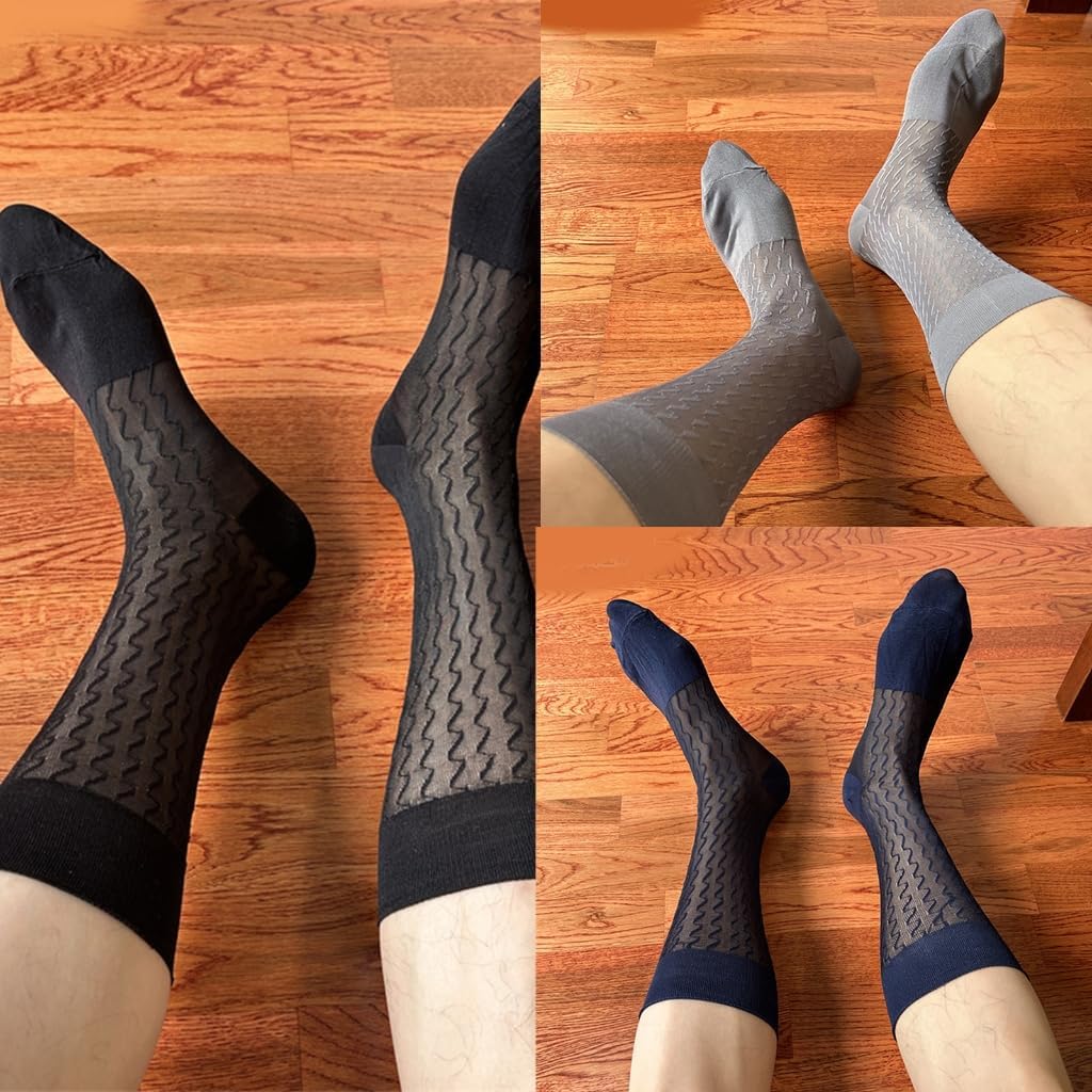 Men's Thin Sheer Nylon Dress Socks Elegant Waved Pattern Middle Calf Socks for Business Suit and Formal