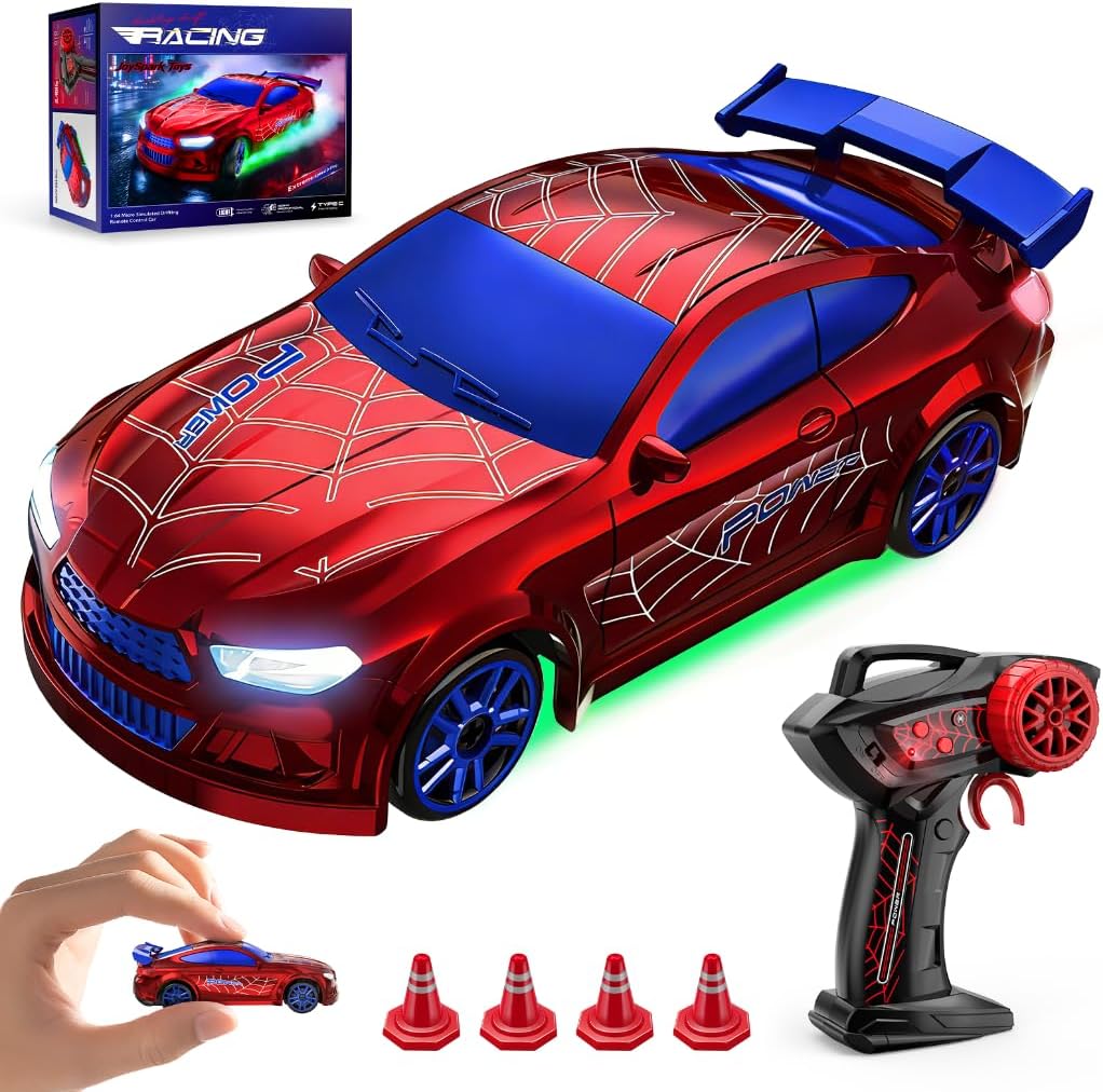 Mini RC Drift Car 1:64 Scale, Remote Control Car with LED Lights & 2-Speed Modes, 2.4GHz Stunt Drifting RC Toys with 4 Obstacles, Hobby Gift for Kids & Adults, Red