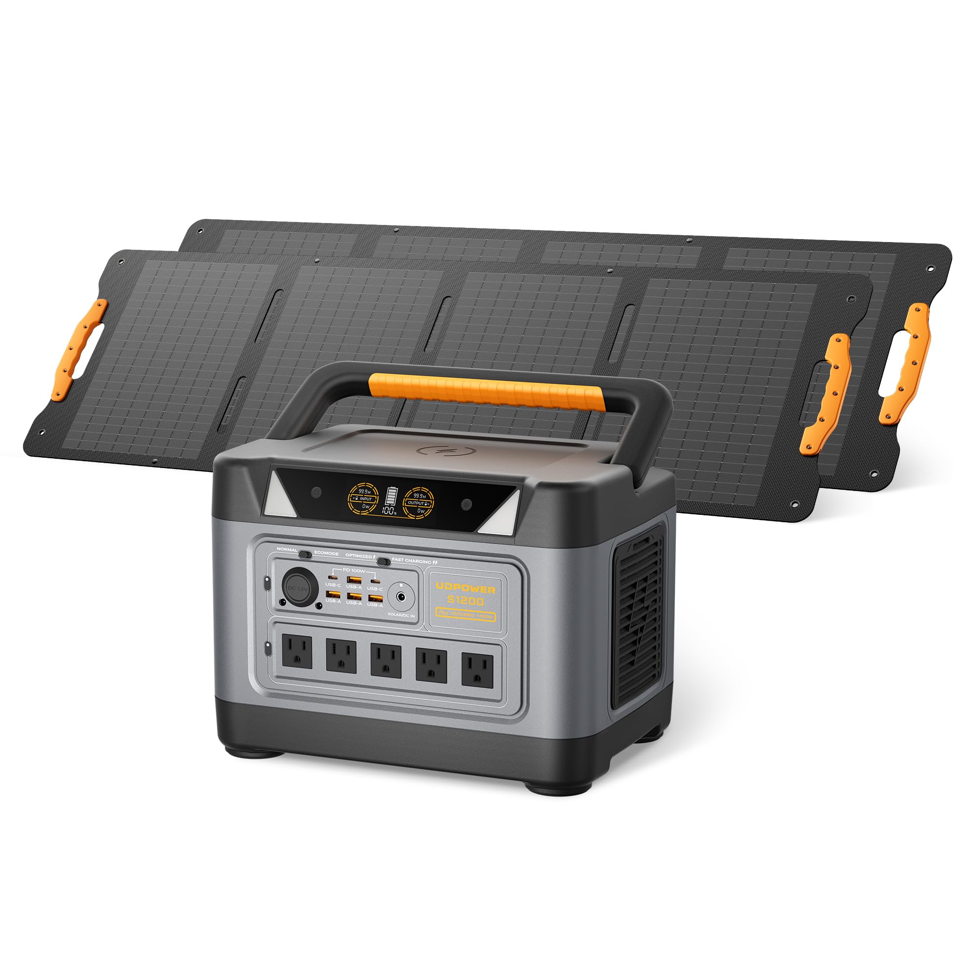 1,191Wh LiFePO4 Battery, 1,200W Output, Solar Generator for Home Backup, Outdoor and Emergency Use UDPOWER S1200 Portable Power Station with 2 x 120W Solar Panels