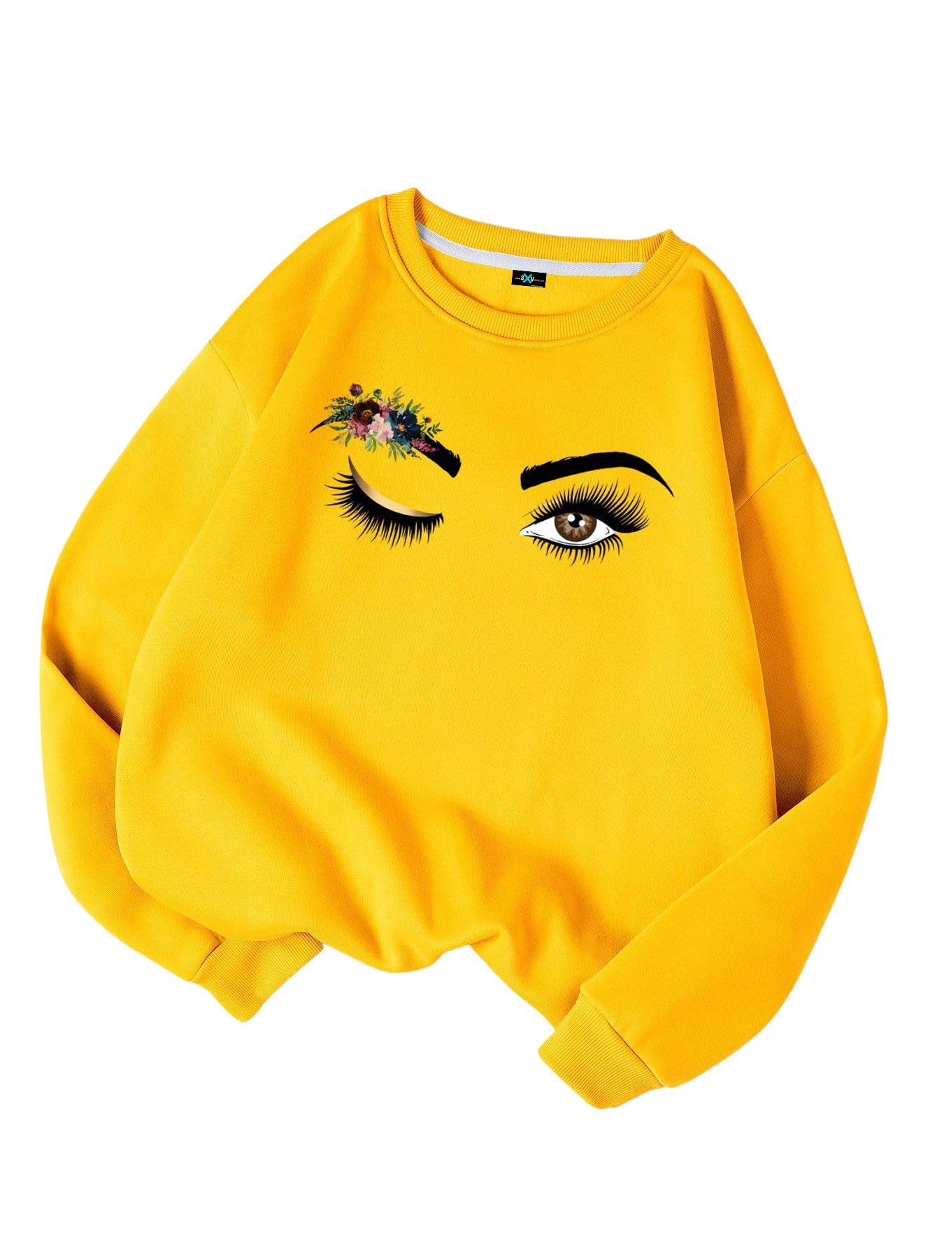 Floral Eyes Print Thermal Lined Sweatshirt, Long Sleeve Yellow Cotton Crew Neck Top, Casual Oversized Fit Winter Clothing for Women-image-37