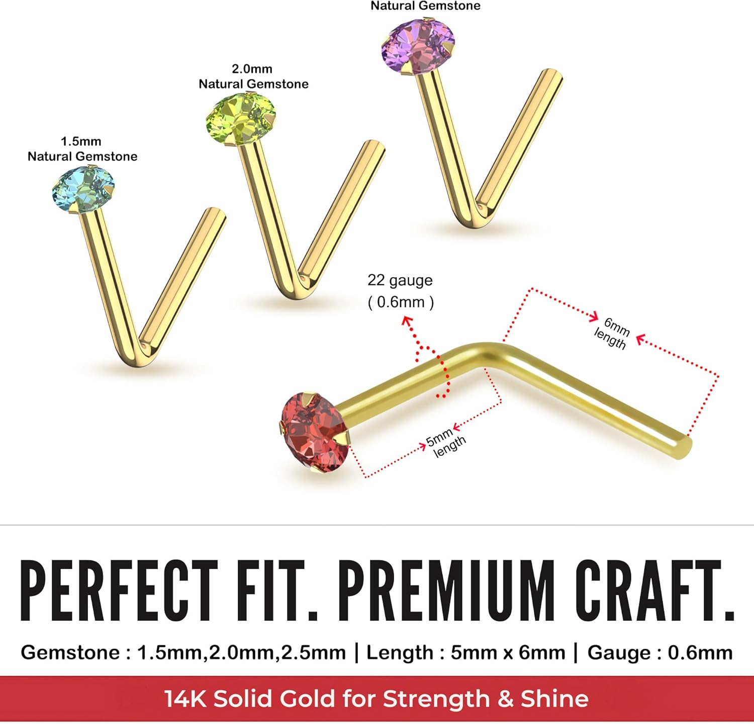Garnet, Peridot, Amethyst, Blue Topaz Natural Gemstone 14K Solid Yellow Gold 22 Gauge L Shape Nose Pin - L Bend Nose Stud - Tiny Nose Ring - Gold Nose Piercing Body Jewelry