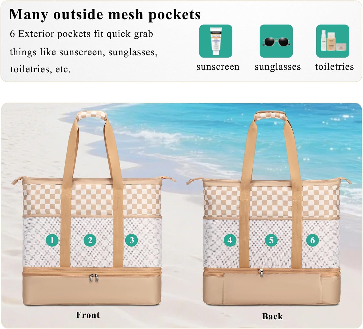 Octsky Beach Bags with Cooler Women Beach Tote Bag Waterproof Sandproof Zipper Large Pool Bag 9 Pockets