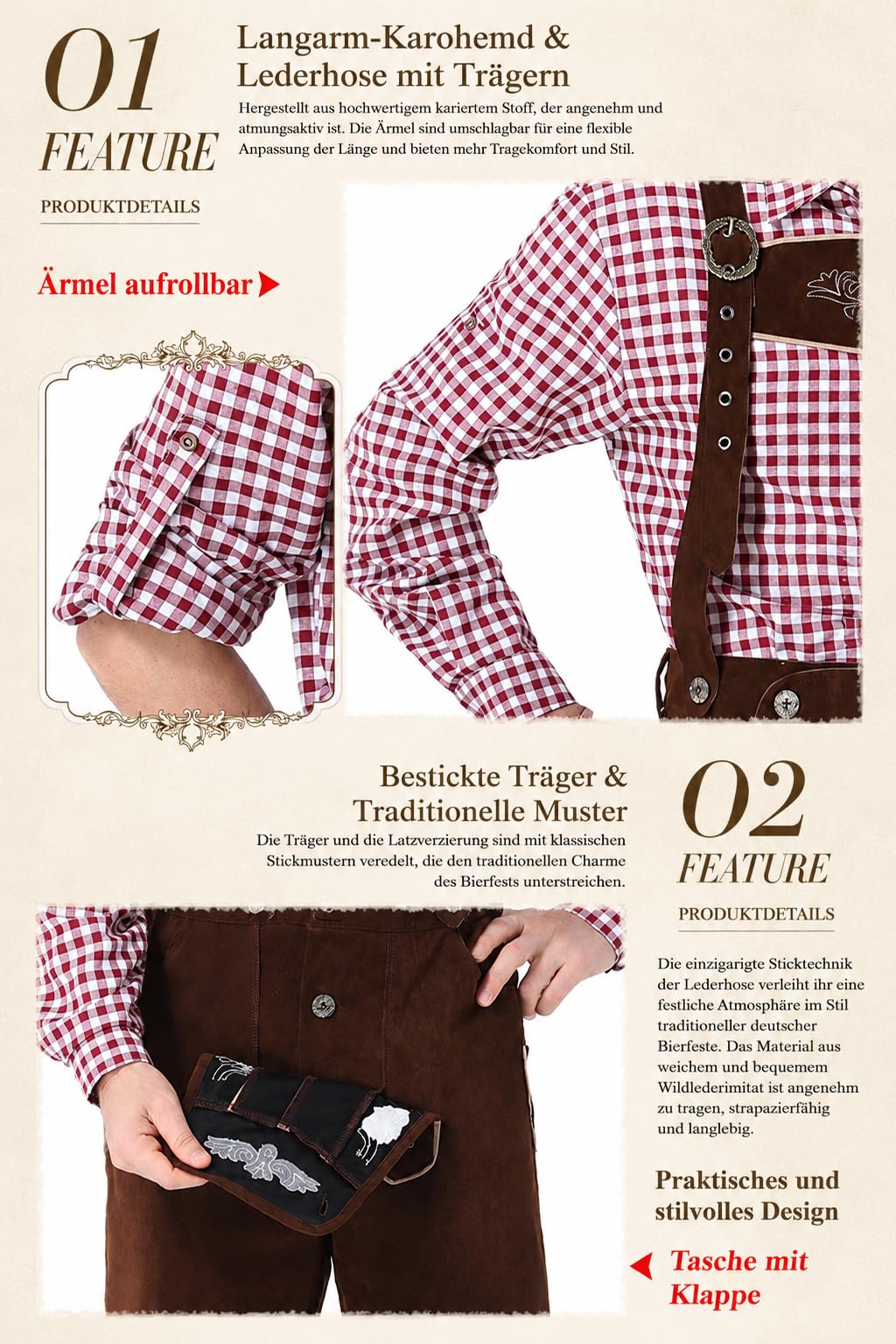 Oktoberfest Herren Trachten Set, Trachtenhose Herren Kurz in Wildleder Optik mit Hosenträgern & Kariertes Trachtenhemd Kurzarm, Bayerisches Wiesn Outfit für Männer