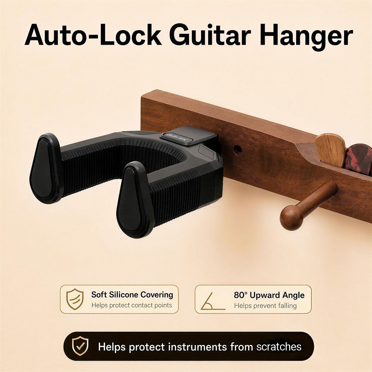 Guitar Wall Mount, Auto Lock Guitar Wall Hanger with Pick Holder, Solid Wood Guitar Hanger Wall Mount, Guitar Holder for Acoustic, Electric Guitar, Bass, Ukulele, Mandolin, Guitar Accessorie Gift