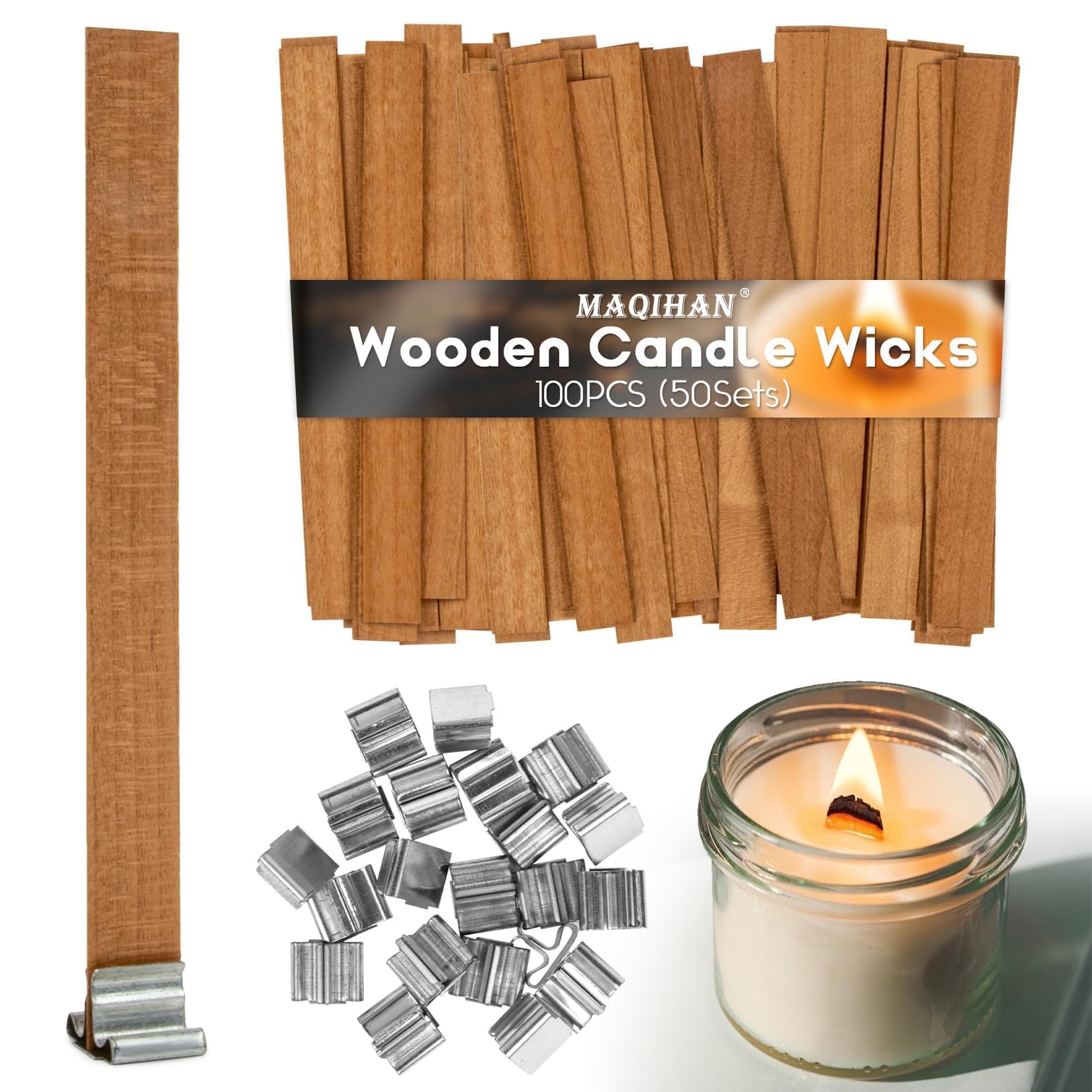 MAQIHAN 100 Wood Wicks for Candles Making - Smokeless Wooden Candle Wicks Crackling Candle Wax Wood Wick mechas para velas de cera Candle Making Wicks for Paraffin Candle Soy Wax Candlemaking(50 Sets)