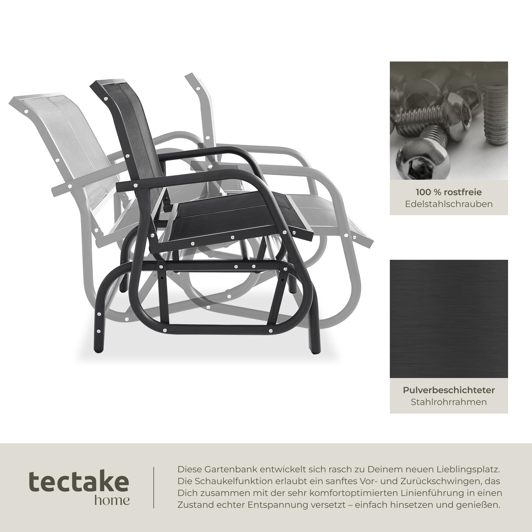 tectake® outdoor Schaukel Bank, 2-Sitzer Schaukelstuhl wetterfest, Gartenbank mit Schaukelmechanismus, bis 300 kg belastbar, Lounge Möbel für Park, Garten, Terrasse Balkon, 121 x 72 x 86,5 cm -schwarz