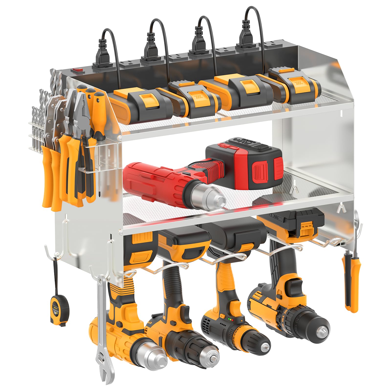 CCCEI Modular Power Tool Organizer Wall Mount with Charging Station. Garage Drill Storage Shelf with Hooks, Heavy Duty Rack, Tool Battery Holder Built in 8 Outlet. Gift for Men. Silver, 1 Pack.