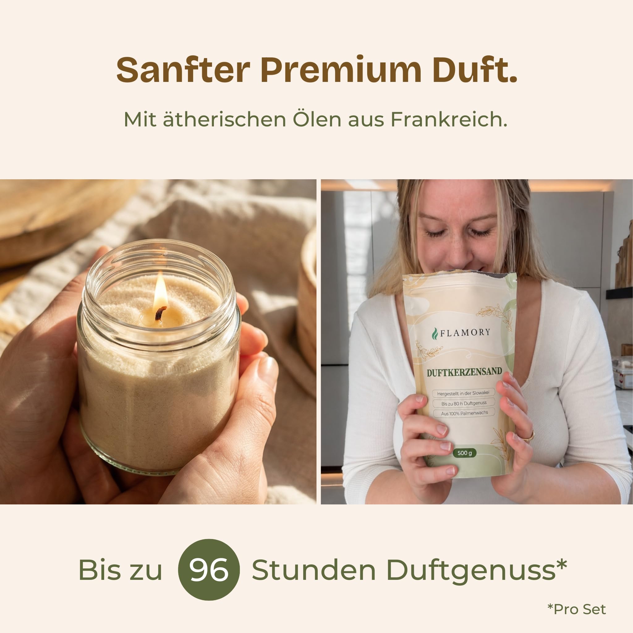 Geschenkset Elegance Kerzensand mit Duft 4x150g inkl. 12 Dochte | 96h Brennzeit. Pflanzenwachs, ohne Paraffin, rußarm. Vegan und nachfüllbar. Kerzensand mit Docht und Duft.