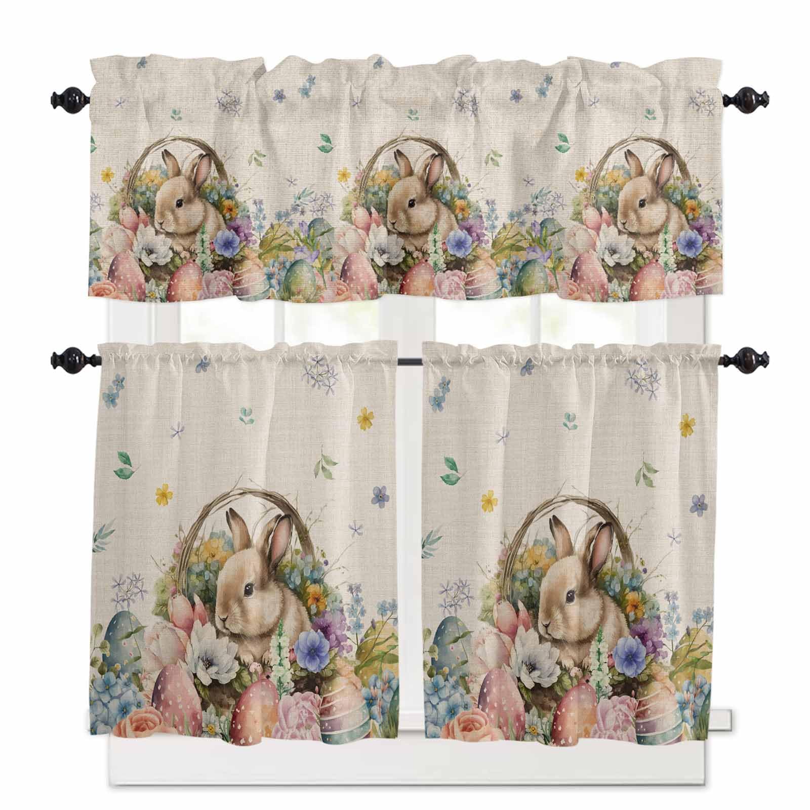 Rustic Easter Kitchen Curtains Set 3 Piece for Windows Curtains Valance and Tier Set 36 Inch Length, Bunny Egg Flowers Spring Off-White Rod Pocket Cafe Curtains for Living Room Bathroom