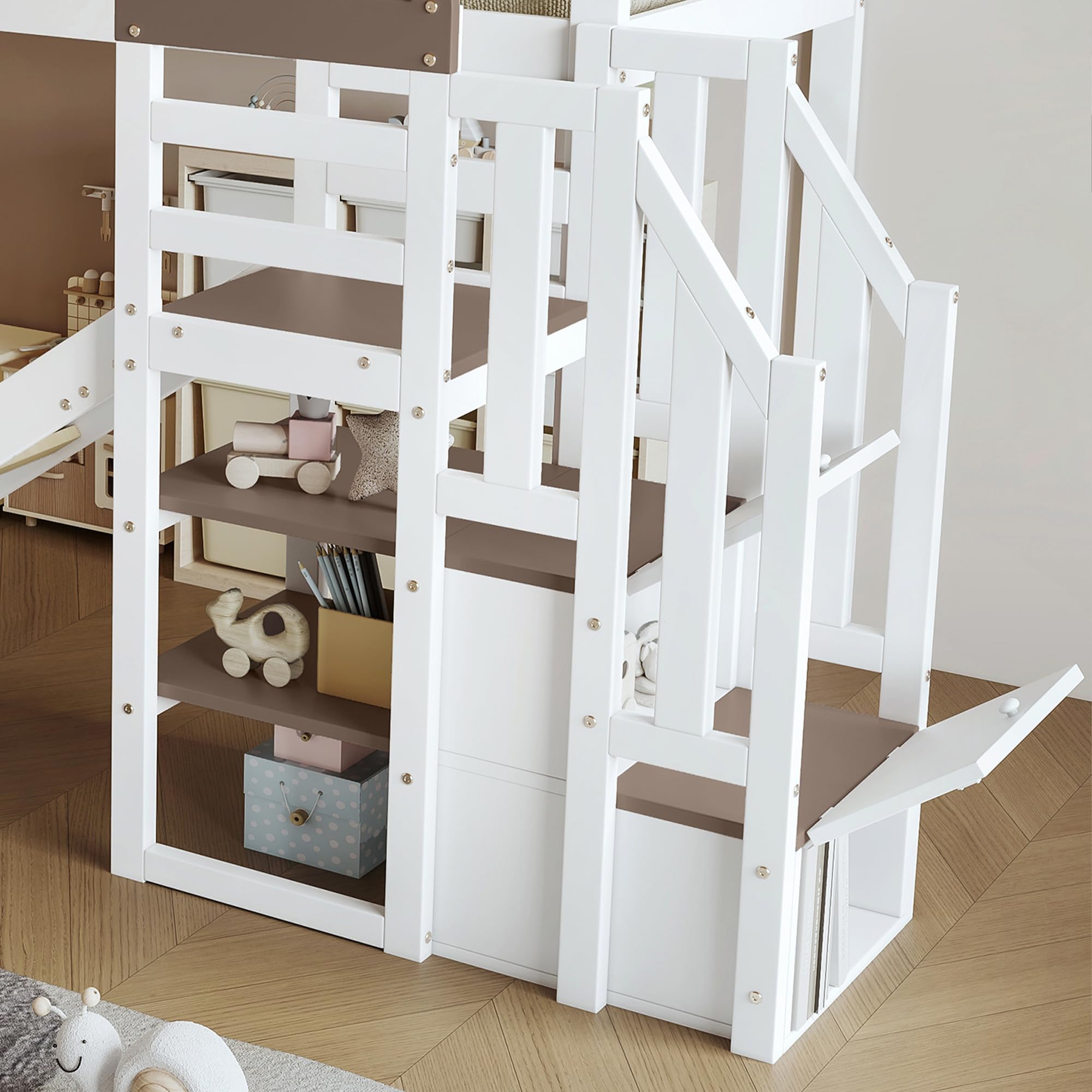 Merax Etagenbett 90x200cm, Kinderbett Hochbett mit Stauraumtreppe & Rutsche & Rausfallschutz, Platzsparendes Stockbett mit Lattenrost & Fenster, Funktionsbett für Jugend, Ohne Matratze, Weiß & Braun