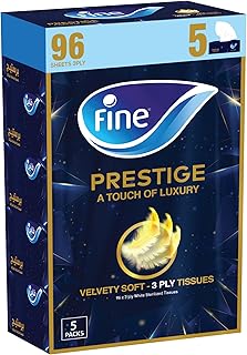 Prestige Facial Tissue boxes, 5 Packs of 96 sheets x 3 Ply