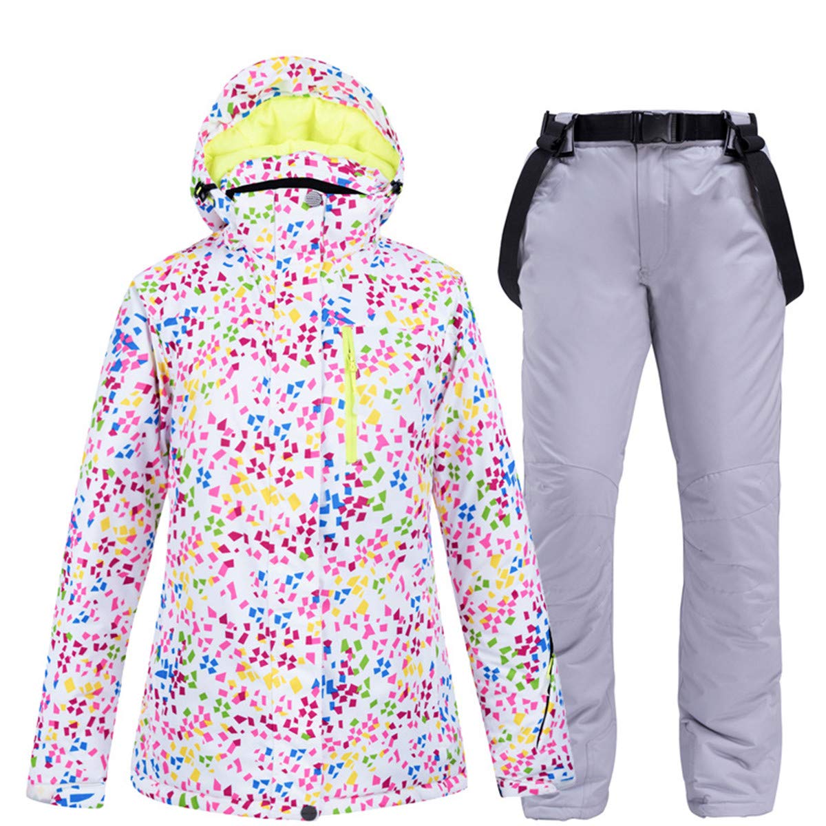 Women's 2 Pcs Outdoor Mountain Sweety Ski Jacket Windproof Waterproof Snow Snowboard Coat with Ski Bib Pants Set M