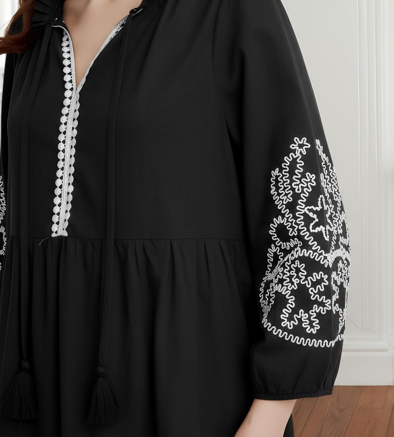 Ladyful Womens Summer Tiered Maxi Cotton Dress Tassel Embroidered 3/4 Sleeve V Neck Flowy Fall Vacation Beach Dress - Image 6