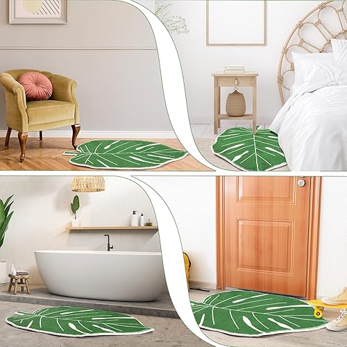 Miniatura 6 de 2 tapetes de baño de hoja verde de Monstera, tamaño grande, 23.6 x 35.4 pulgadas, antideslizante, lavable a máquina, alfombra de puerta con forma de