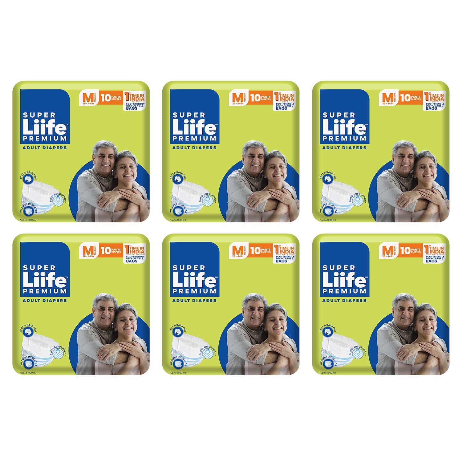 SUPER Liife Rash Free Adult Diapers Pants with Wetness Indicator and Disposable Bags - 60 Count (Medium), White (SL_AD_M10-CO6)