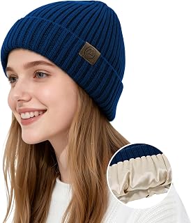 Satin Lined Beanie Women-Winter Hats for Women Silk Lined Beanie Cute Warm Knit Cuffed Hat Snow Ski Cap