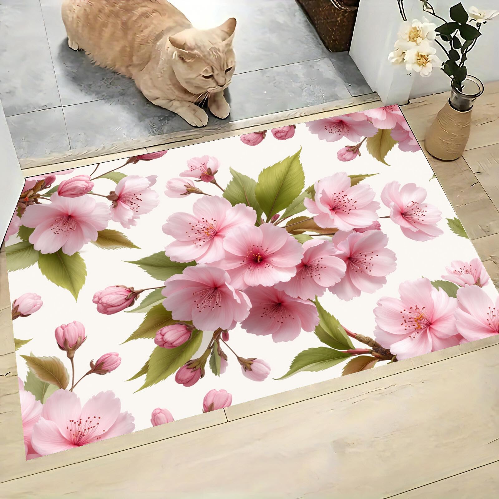 Paillasson fleurs de cerisier tapis intérieur lavable absorbant antidérapant 50x80