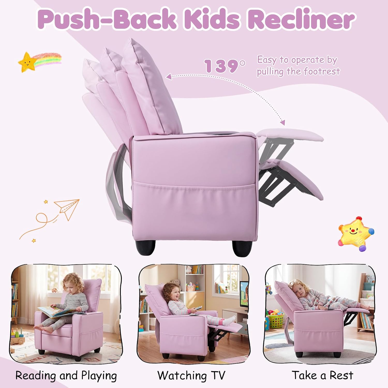 Costzon Kids Recliner Chair with Cup Holder, 2 Storage Pockets, Pink