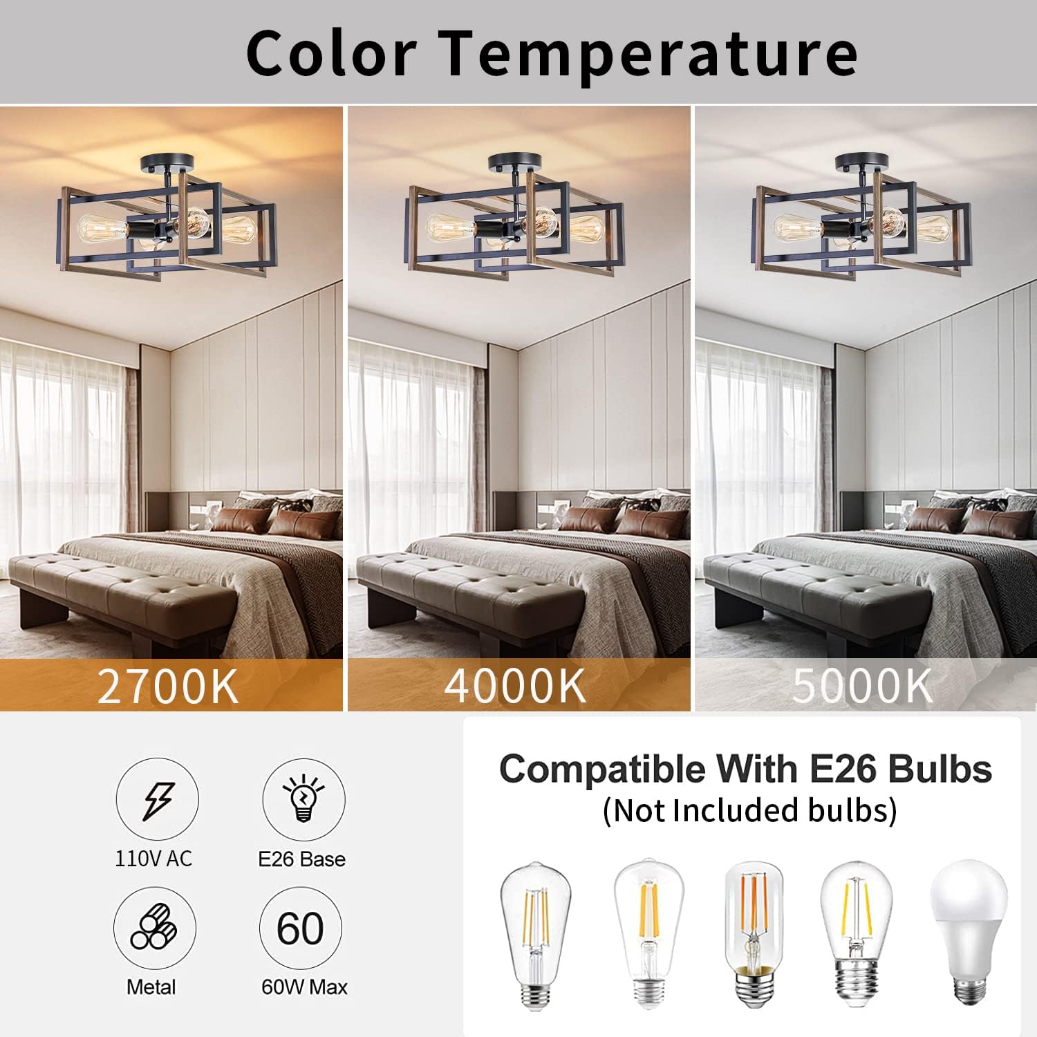 Industrial Flush Mount Ceiling Light Fixture, 4-Light Modern Metal Square Farmhouse Black Retro Close to Ceiling Lights Sloped Chandelier Lighting for Bedroom Hallway Living Room Kitchen Foyer