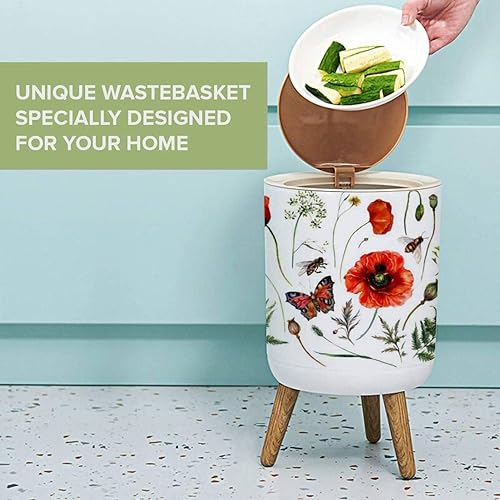 Miniatura 2 de Cubo de basura pequeño con tapa, colección de acuarela de flores rojas y plantas de prado, cubo de basura redondo, cubierta de prensa a prueba de